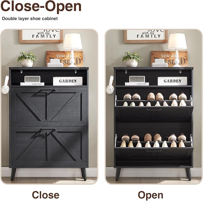 Barnyatoh Shoe Storage Cabinet, Farmhouse Shoe Organizer with 2 Flip Drawers & Barn Door,Freestanding Hidden Slim Narrow Shoe Rack Cabinet with Open Storage for Entryway, Foyer, Black - Image 3