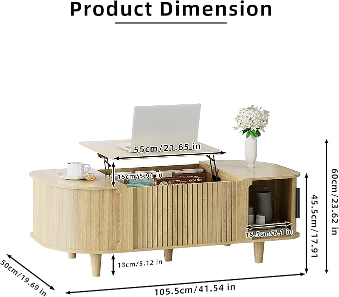 Lift Top Coffee Table, Oval Mid Century Modern Center Table with 3 Hidden Storage, 41" Coffee Tables with Sliding Door and Open Cabinet for Living Room Bedroom Office, Natural Wood