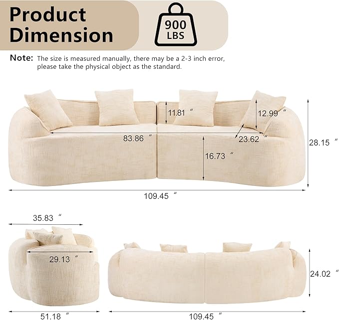 109-Inch Curved Boneless Sofa Couches Compressed 4-Seat Foam Couch for Living Room Bedroom, Boneless Modular Cloud Sofa Curved Floor Couch with 4 Pillows, No Assembly