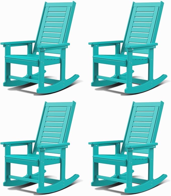 GREENVINES Outdoor Rocking Chairs | Set of 4 | Porch Rocker | HDPE Plastic | Aqua | Oversized Rockers | High Back | Big & Tall | Ladder Back | for Patio Outside Backyard Balcony Garden by GreenVines