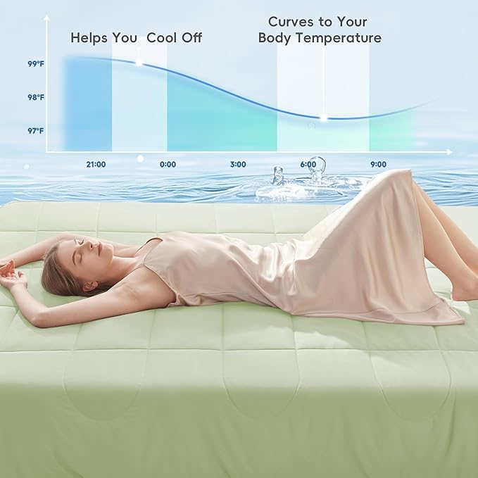 HYLEORY Cooling Comforter Twin Size - Summer Cooling Blanket for Hot Sleepers/Night Sweats, Double-Sided Cold Touch Silky Ice Comforters, Breathable Lightweight Beddings, Cool Green, 68"x90"