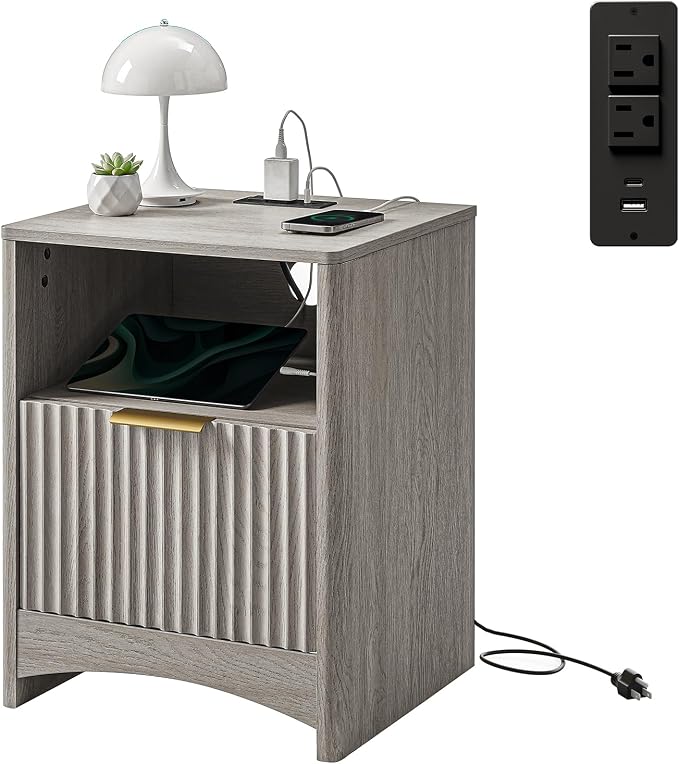 Amada Fluted Nightstands with Charging Station, End Table with USB Ports & AC Outlets, Wood Side Table for Bedroom, Deep Drawer & Storage Shelf, Set of 1, Grey by AMADAHOMEFURNISHING