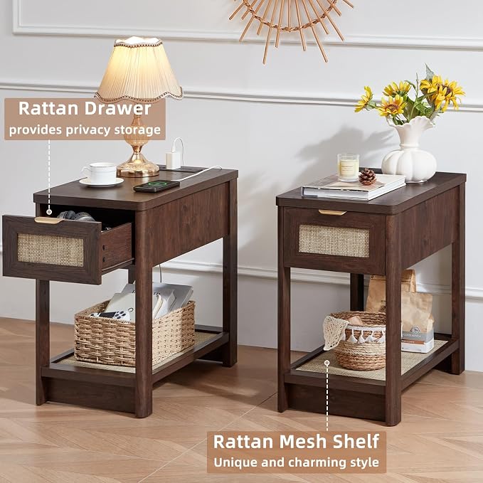 Lerliuo Narrow Night Stand with Charging Station, Boho Nightstand with Drawer, Bed Side End Table with Rattan Shelf for Small Spaces, Wood Nightstands Bedside Tables for Living Room Bedroom - Image 3