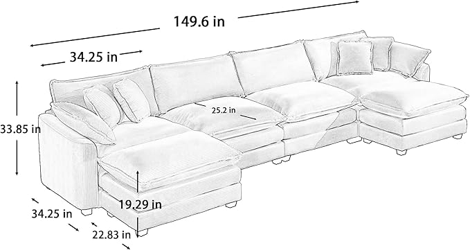 KEIKI 150" U-Shaped Oversized Corduroy Modular Sectional Sofa with 2 Ottoman, High-Density Foam Cushions, Removable Armrests, Upholstered 4-Seater Corner Couch with 6 Pillow, for Living Room, Green