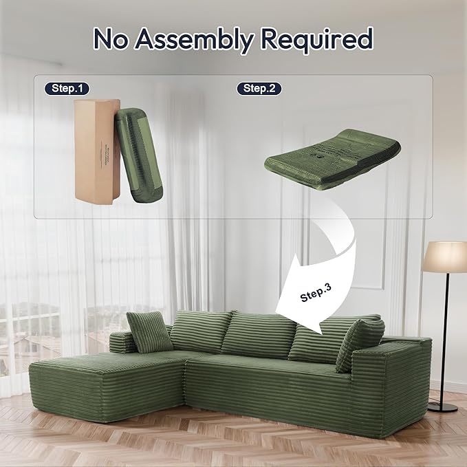 Cloud Sectional Couch, Modular Sectional Sofa with Right Chaise Lounge, Modern Modular L-Shape Sofa with Pillows & Deep Seat, Boneless Couches for Living Room Bedroom, Green
