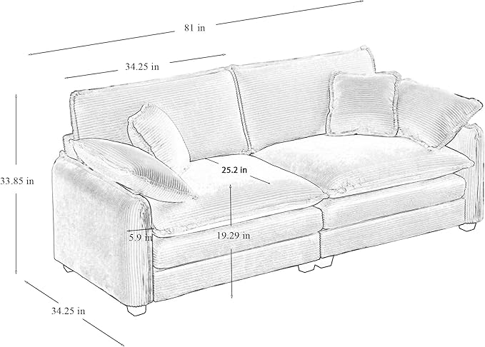 KEIKI 81" Oversized Corduroy Modular Sectional Loveseat Sofa with High-Density Foam Cushions, Removable Armrests, Upholstered Modern 2-Seater Fluffy Corner Couch with 4 Pillow, for Living Room, Beige