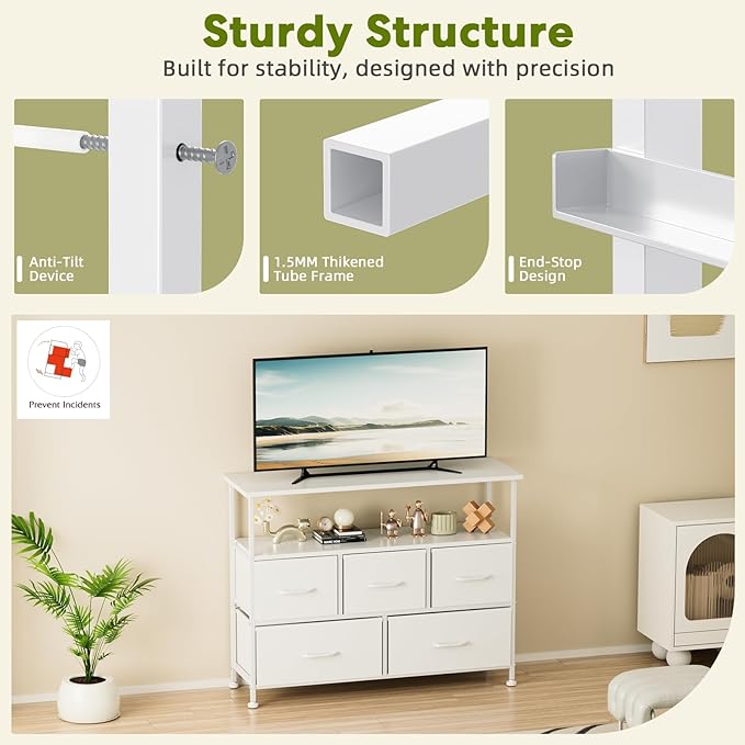 Simple Deluxe TV Stand Dresser for Bedroom Entertainment Center with 5 Fabric Drawers, Storage Organizers Units for Living Room, Media Console Table with Open Shelf up for 45" TV, White, Wood top