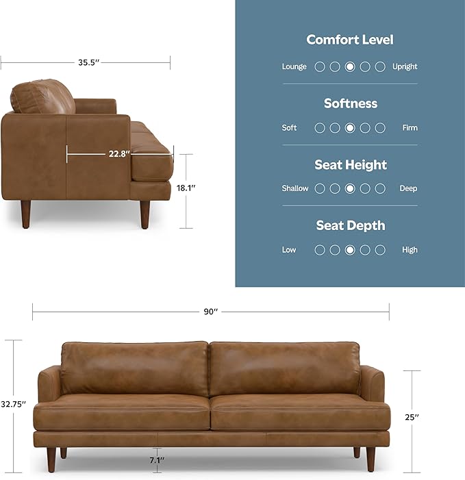 SIMPLIHOME Livingston Sofa - 90 inch Wide Top Grain Genuine Leather Sofa in Caramel Brown, Mid-Century Modern 3-Seater Couch for Living Room with Feather-Wrapped Cushions and Solid Wood Frame