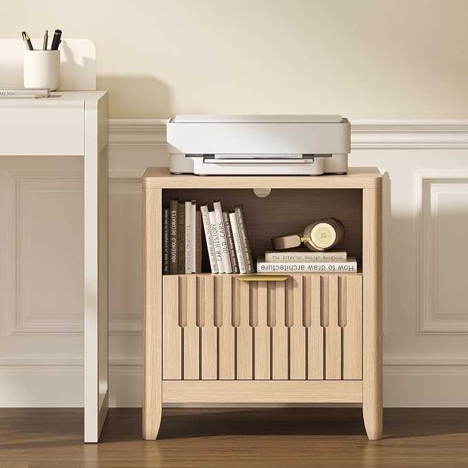 Fluted Nightstand with Charging Station, Modern Bedside Table with Storage Drawer, Open Shelf & Curved Corner, Mid Century Night Stand End Side Table for Bedroom, Natural Oak - Image 8