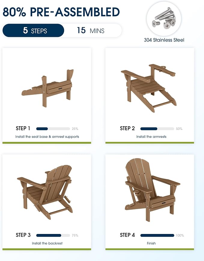 MUCHENGHY Folding Adirondack Chairs 6 Pack, Patio Chairs, Lawn Chairs, Outdoor Chairs, Adirondack Chair Plastic, Fire Pit Chairs, Weather Resistant with Cup Holder for Deck, Backyard, Garden(Teak) - Image 5