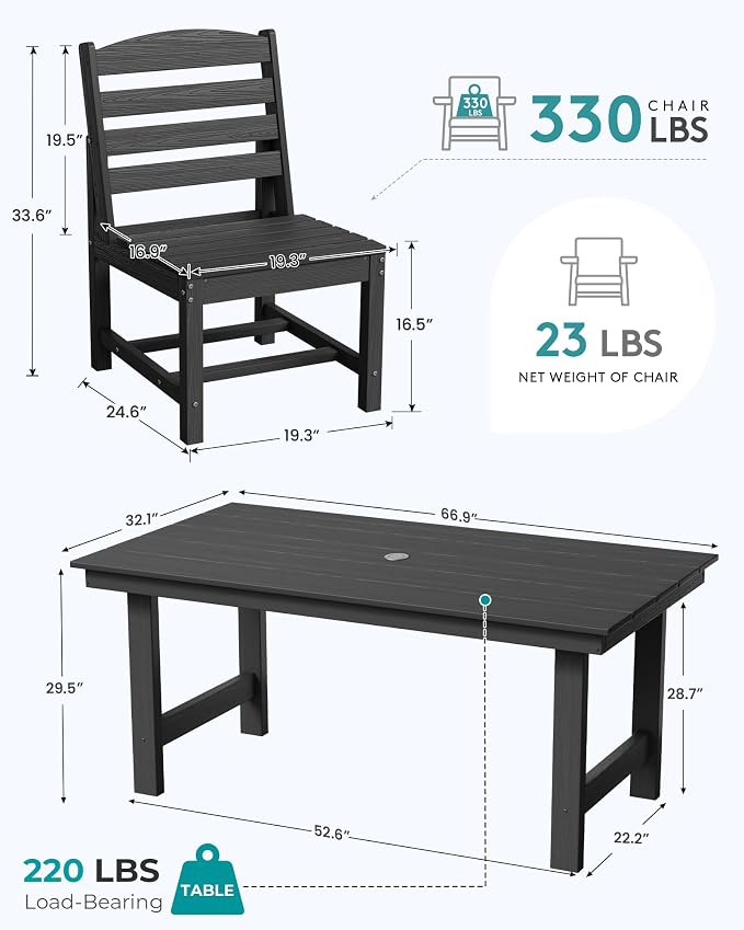 SERWALL Patio Dining Sets for 6 Person, HDPE Dining Set with 6 Armless Chairs, Black - Image 3
