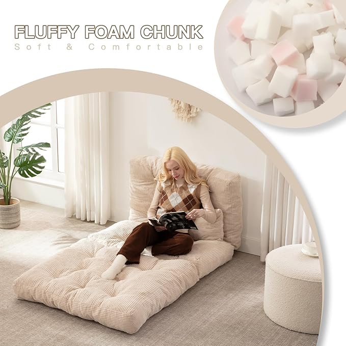 Folding Sofa Bed, Convertible Sleeper Chair with Pillow Foldable Mattress with Back Support, Portable Fold Out Chair Bed Comfy Floor Sofa Lounge for Living Room Bedroom, Beige Twin 80x39 Inch