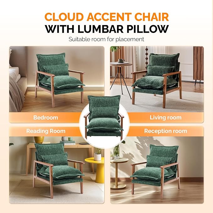 VINGLI Mid-Century Modern Cloud Accent Armchair with Lumbar Pillow, 6.3'' Thick Seat Cushion Comfy Reading Chair with Wooden Armrests，Boho Lounge Chair for Bedroom, Living Room, Chenille, Dark Green