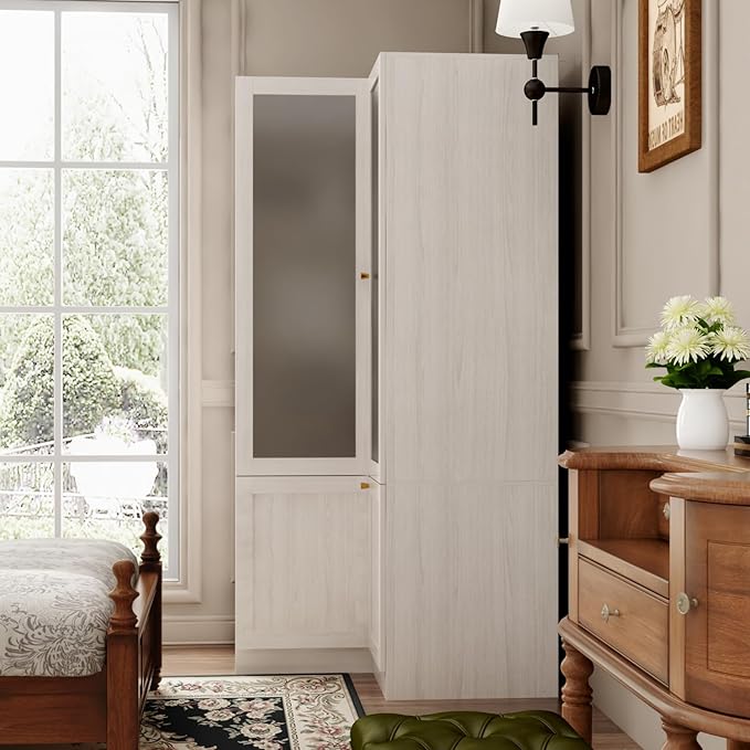 L-Shape Wardrobe Armoire Closet with Hanging Rod & Shelf, Bedroom Armoire with Frosted Glass Doors, Clothes Wardrobe with Gold Knob, Wood Grain, 35.4”D x 35.4”W x 70.9”H