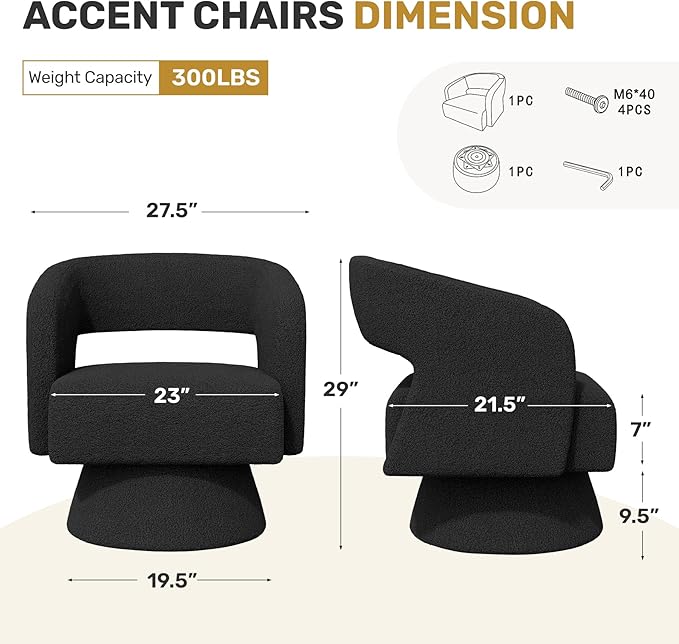 Nebuaegis Swivel Accent Chair, Modern Comfy Teddy Barrel Chairs, Oversized Upholstered Round Arm Chair for Living Room, Bedroom, Reading Room, Black, 1 PCS