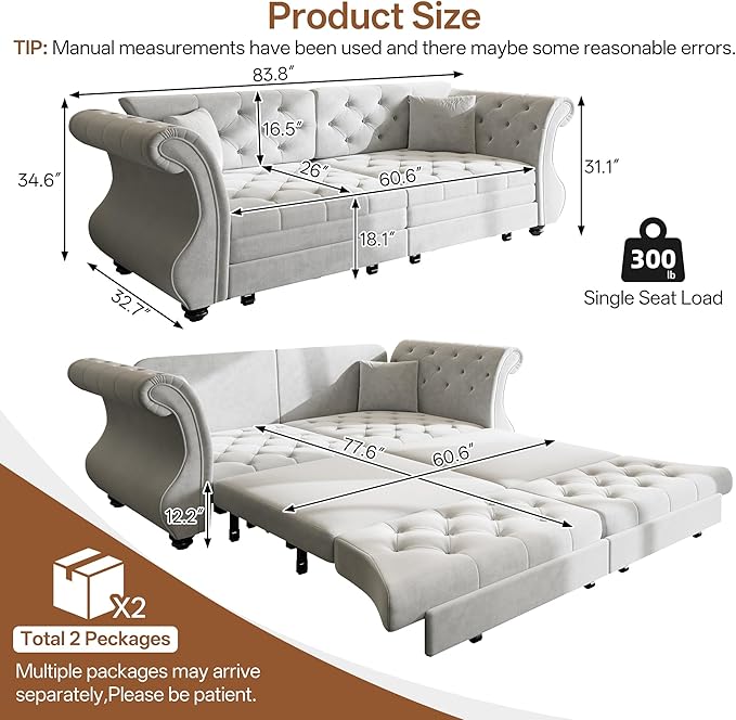 Eafurn Oversized 3-Seater Chesterfield Loveseat Convertible Queen Size Sleeper Couch Bed,Classic Tufted Velvet Pull Out Loveseat Sofa Bed with Roll Armrest and Solid Wood Legs