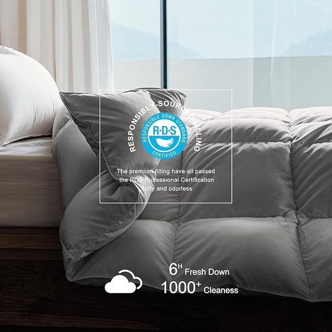 Royoliving Premium Feathers Down Duvet Insert Comforter Queen Size Gray All Season Medium Warmth Grey 100% Cotton Cover with Corner Tabs (90x90, 50 oz)