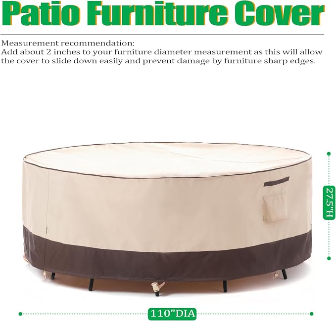 F&J Outdoors Patio Furniture Covers Waterproof UV Resistant Rip-stop Fabric Large Outdoor Furniture Covers, 110" Dia x 27.5" H - Image 2