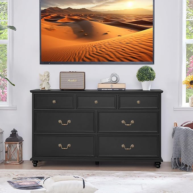 Joaxswe Farmhouse 7 Drawers Dresser Sets of 2 for Bedroom, Black 54 Inch Wide Chest of Drawers w/ 4 Wooden Legs, Large Vintage Rustic Closet Dressers for Living Room, Wood TV Stand - Image 8