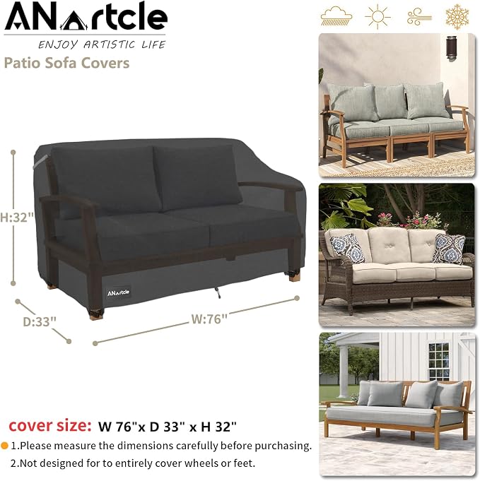 ANartcle 3-Seater Patio Sofa Cover,76W x 32.5D x 33H Inches Outdoor Couch Cover,100% Waterproof Heavy Duty Patio Sofa Covers,Patio Furniture Covers,Black - Image 3