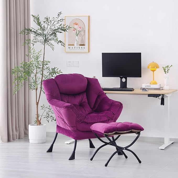 Lazy Chair with Ottoman, Modern Accent Chair Lounge Leisure Sofa Chair with Armrests, Reading Chair and Folding Footstool for Living Room, Bedroom, Office, Plush Pink