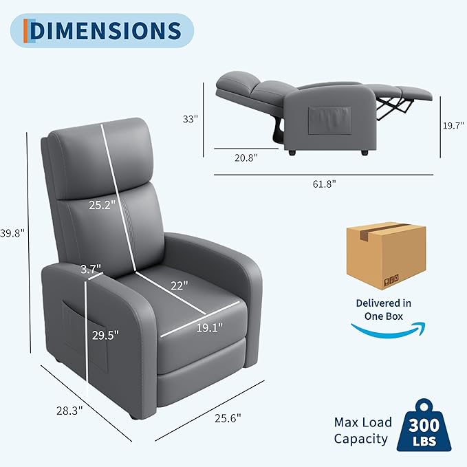 Garvee Recliner Chair for Adults, Leather Lazy Recliner Ergonomic Adjustable Single Sofa Enhanced with Side Pocket, Tall Back, Wide Arms & Padded Seat, Home Theater Seating for Living Room, Grey