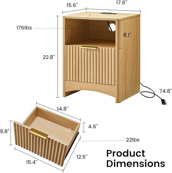 Amada Fluted Nightstand with Charging Station, Set of 2, Bedside Table with USB Ports & AC Outlets, Deep Drawer and Cable Management, Modern Side Table for Bedroom, Natural Oak - Image 2