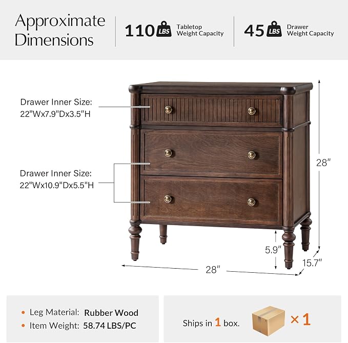 HULALA HOME Traditional End Table with Charging Station, Fluted End Tables with Wood Drawers and Solid Wood Spindle Legs, 28 Inch Wide Storage, Walnut - Image 2
