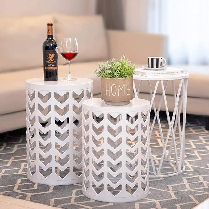 Y&M Set of 3 Metal Round Coffee Table, Side Table End Table for Indoor Outdoor Multifunctional Use, Heavy Duty Metal Plant Stand Garden Stool- White - Image 5