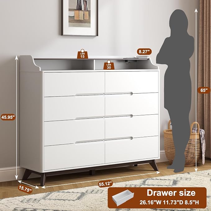 Dresser for Bedroom with 8 Drawers, 55" Large Dresser & Chest of Drawers with Charging Station, Wood Closet Clothes Storage Tall Dressers Organizer for Bedroom Living Room Hallway (White) - Image 2