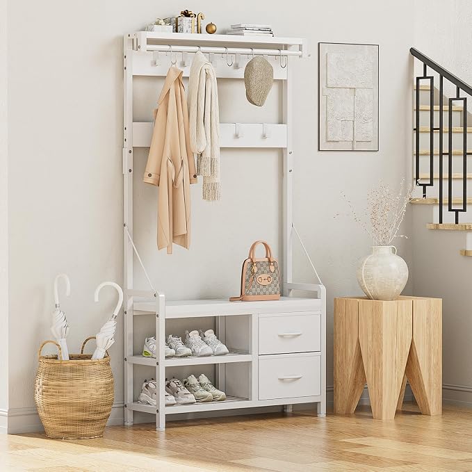 Lulive Hall Tree, 31.5” Entryway Bench with Coat Rack freestanding, 5 in 1 Intelligent Design Shoe Bench and Wall Rack 17 Hooks and Drawers (White) - Image 2