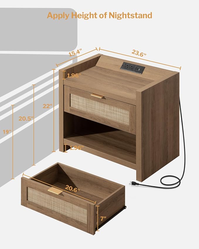 SICOTAS Night Stand Set of 2 Nightstands - Rattan Bed Side Table with Drawer Storage,Type-C Charging Station End Table - Boho Bedside Night Stands for Bedroom - Natural Oak - Image 2