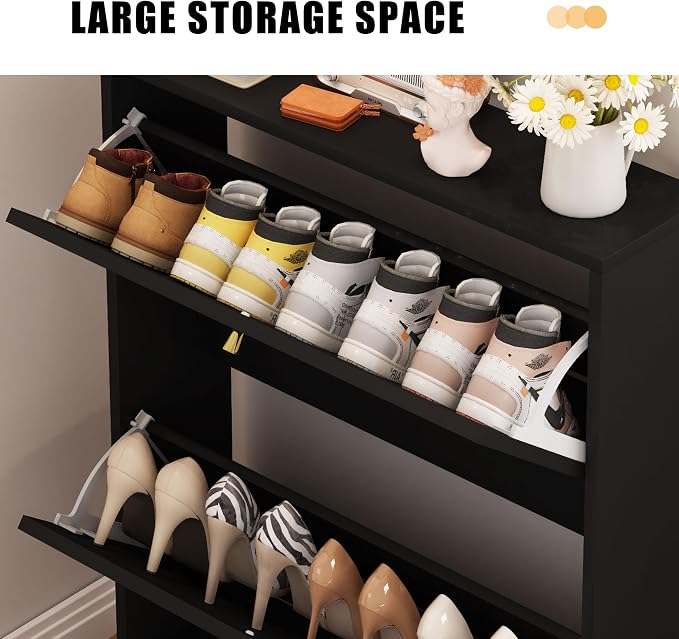 AVZEAR Narrow Shoe Cabinet with 2 Flip Drawer, Freestanding Shoe Organizer Shoe Cabinet Storage for Entryway, Slim Shoe Storage Shoe Rack for Closet with Linen Doors in Hallway, Living Room(Black) - Image 5