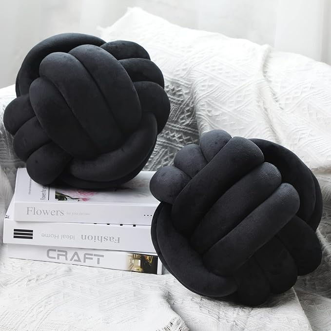 Namalu 2 Pcs Soft Knot Pillow Ball, Decorative Round Throw, Soft Knotted Plush Pillows, Handmade Stuffed Ball Pillows Cushion for Bedroom Sofa Couch Home Decor(10.6 Inches,Black)