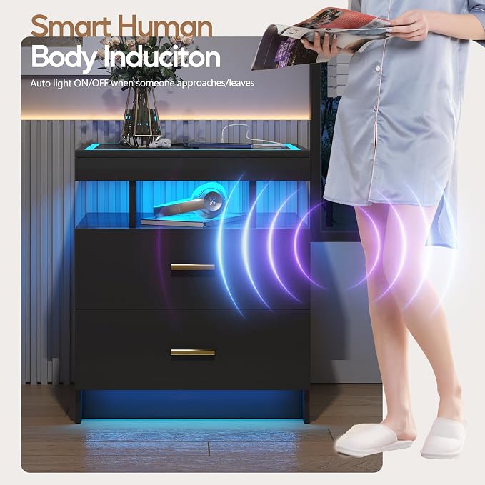 LED Nightstand Set 2 with Wireless Charging Station,Black Night Stand with 2 Drawers,Glass Top Smart Bedside Table,Modern End Table Side for Bedroom,Living Room,Office - Image 6