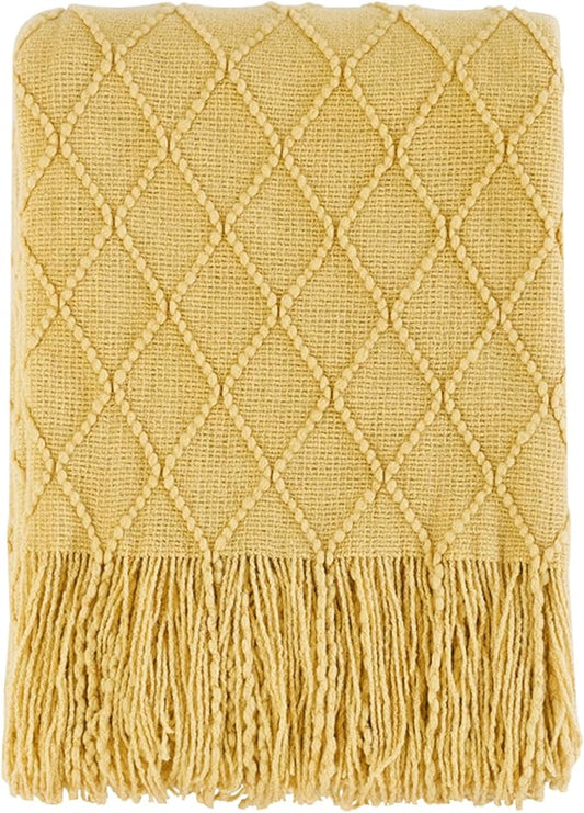 BOURINA Mustard Throw Blanket 50x60 Inches Throw Textured Solid Soft Sofa Couch Decorative Knit Blanket