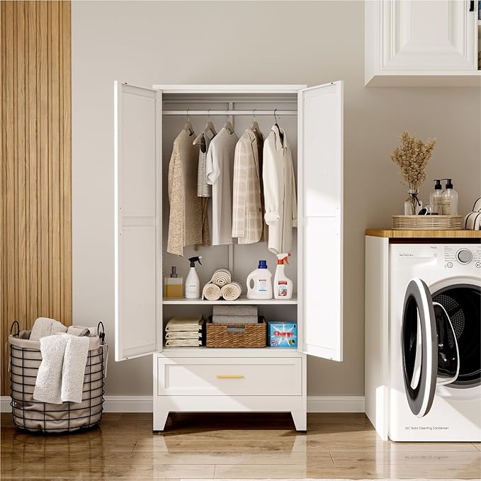 Metal Wardrobe Cabinet, 71" Tall Armoire Wardrobe Closet with Drawer,Hanging Rod and Adjustable Shelf, Farmhouse Clothing Storage Cabinet for Bedroom, Laundry