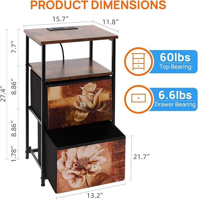 nightstand Set of 2 with Charging Station, LED BedsideTable w/USB Ports & Outlets,End Table w/2 Fabric Drawers and Open Shelf, Black Steel Frame for Living Room, Bedroom, Rustic Style - Image 3
