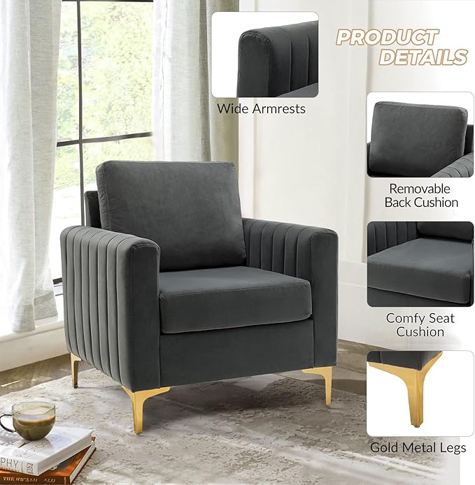 HULALA HOME Velvet Accent Club Chair, Modern Velvet Armchair Upholstered Accent Sofa Chair with Gold Metal Legs Mid-Century Barrel Leisure Comfy Reading Armchair, Grey