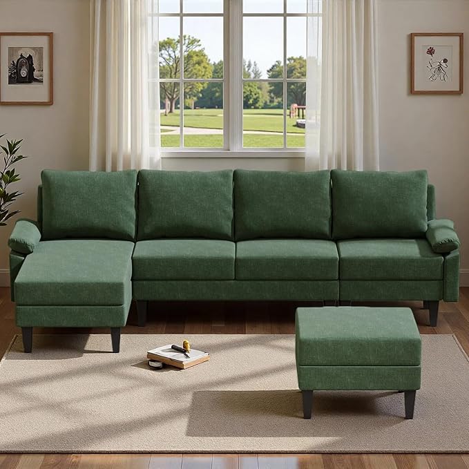 4-Seat U-Shaped Modular Sofa with Double Storage Ottoman - Space-Saving Convertible Lounge Couch for Home & Office, Green