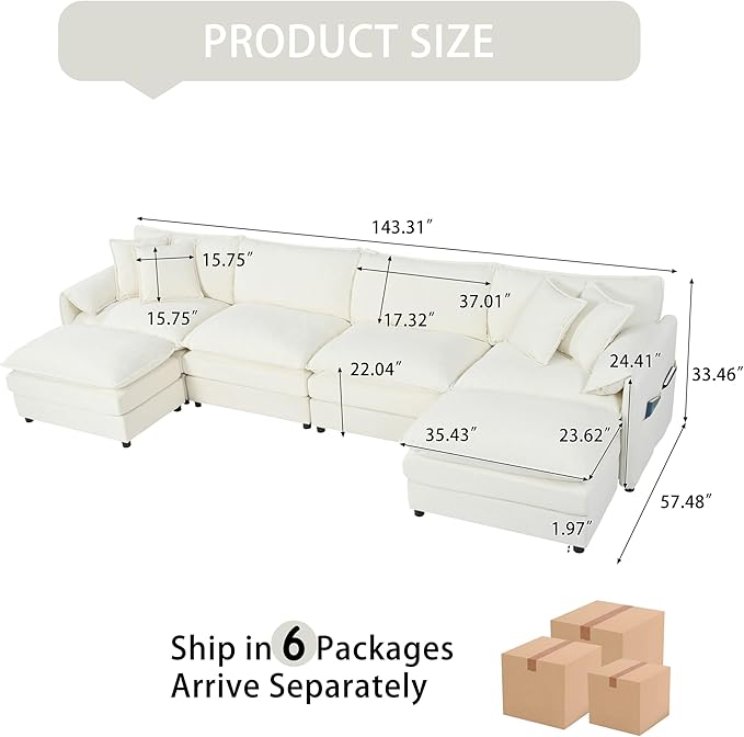 143-Inch U-Shaped Sectional Cloud Sofa Oversized Modular 6 Seaters Sofa Couch with 2 Ottoman Chaise and Pillow Armrest, Chenille Upholstered Convertible Cloud Couch