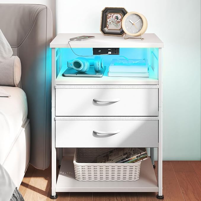 AODK Night Stand with Charging Station, End Table for Bedroom Tall Nightstand with Drawers, Small Nightstand for Bedroom, 4 Tier Storage Bedside Table, White by AODK