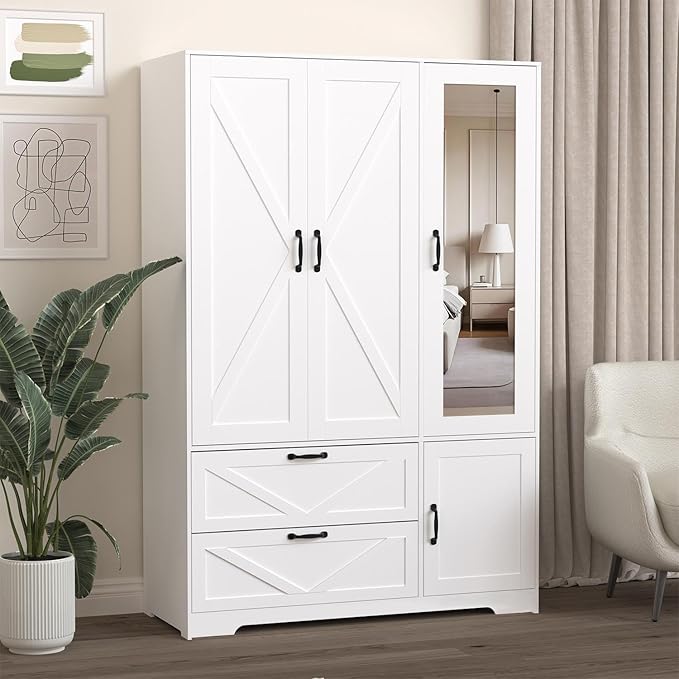 Armoire Wardrobe Closet with Drawers and Mirror, 72" Bedroom Wardrobe Cabinet with Motion Sensor Light, Hanging Rod & Adjustable Shelves, Bedroom Clothing Storage Closet with 3 Doors