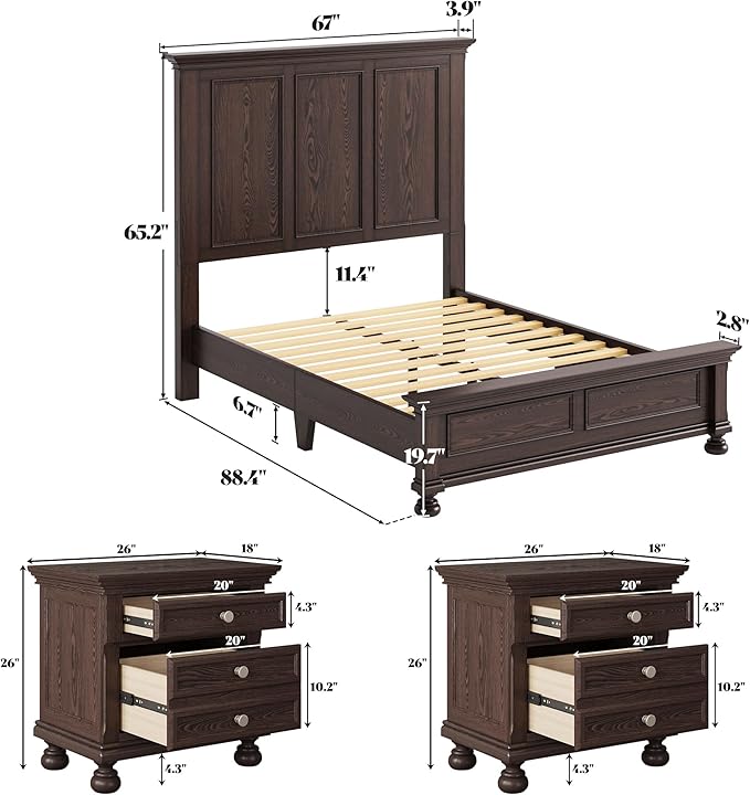 AMERLIFE Solid Wood 3 Piece Bedroom Set Including 65.2" High Queen Bed Frame, Fully Assembled Nightstands Set of 2 with 2 Storage Drawers for Bedroom, Dark Brown