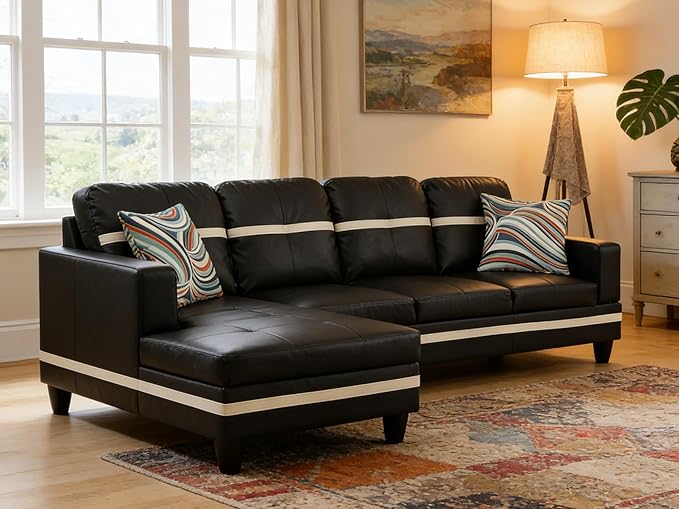 103.5 Inch Modern L-Shaped Couch, PU Leather Sectional Sofa with Chaise Lounge, 4-Seater Couch with Accent Pillows for Living Room, Apartment, Black and White