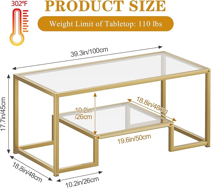 Coffee Table Gold Glass Coffee Table for Living Room,2 Tiers Rectangle Center Table with Sturdy Metal Frame,Modern Tempered Glass Accent Table for Bedroom Home Office