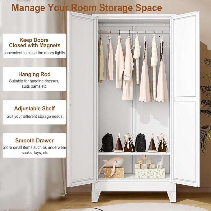 Metal Armoire Wardrobe Closet Storage Cabinet with Mirror White, 71'' Wardrobe Cabinet with Hanging Rod Metal Closet with 2 Adjustable Shelves for Bedroom, Laundry Room, Cloak Room