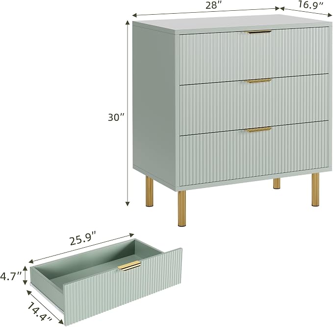 GarveeHome Green Dresser, Modern 3 Drawer Dresser for Bedroom with Gold Handle and Large Drawer, Wood Double Chest of Drawers and Storage Organizer for Living Room, Hallway, Entryway - Image 2