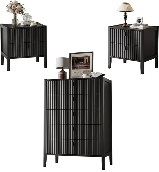 MAISONARIA 3-Piece Dresser Bedroom Set, 5 Drawer Dresser & 2 Drawer Nightstands with Metal Handles, Fluted Wood Chest of Drawers for Bedroom, Living Room, Entryway, Black