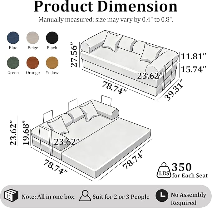 79'' Convertible Compressed Corduroy Folding Cloud Sofa Bed, 5 in 1 Modern Modular Boneless Pull Out Loveseat Sleeper in a Box, No Assembly Floor Mattress Futon Couch for Home, Blue, Pillows, King